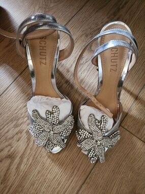 Schutz Ayanne Silver Embellished Open-Toe Heels